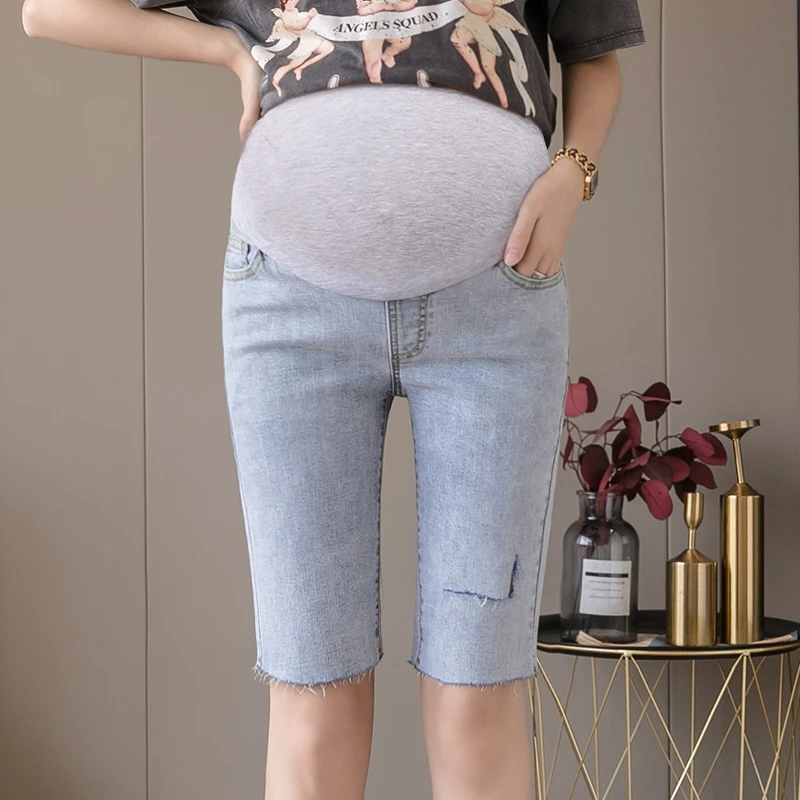 Mulheres grávidas shorts curtos verão estilo fino exterior usar buraco na moda de cinco pontos mulheres grávidas denim leggings