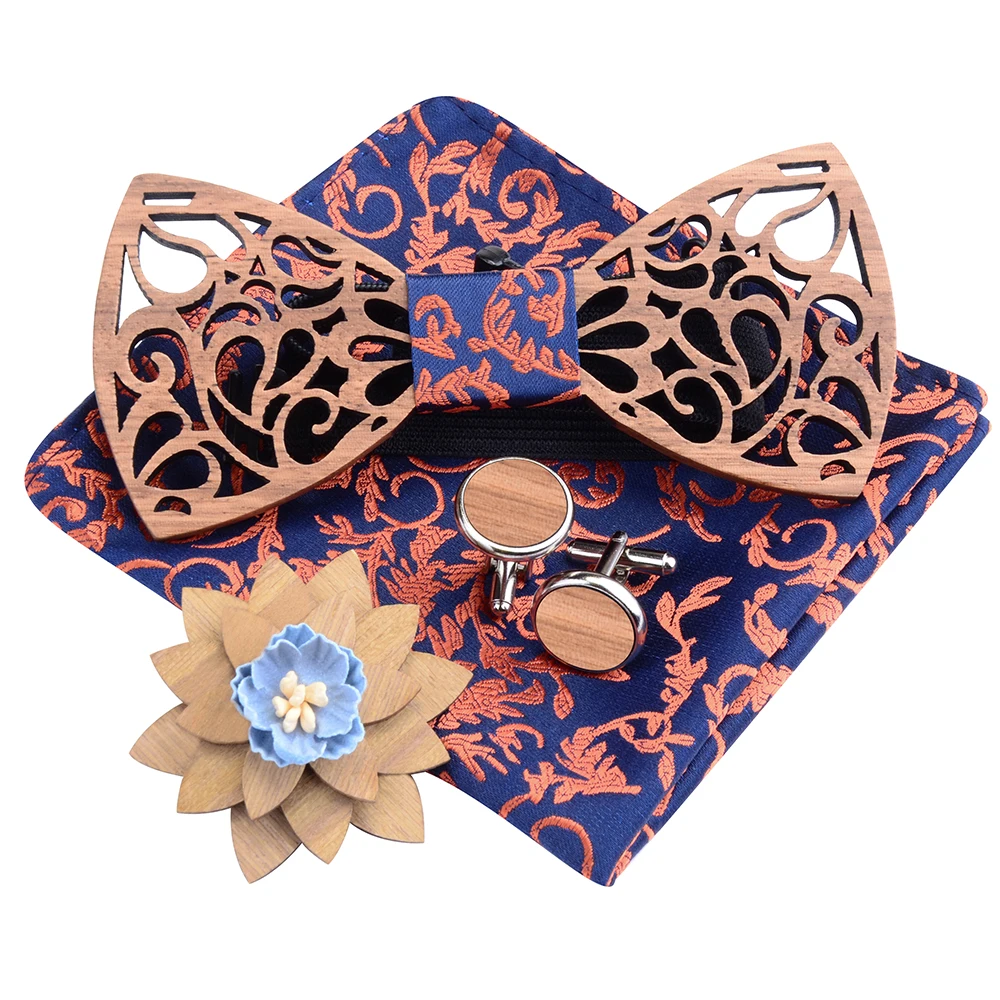 Fashion Adjustable Floral Hollow Wooden Bow Tie Set Pocket Square Cuff Brooch With Wood Box Bow Tie For Men Wedding Neck Ties