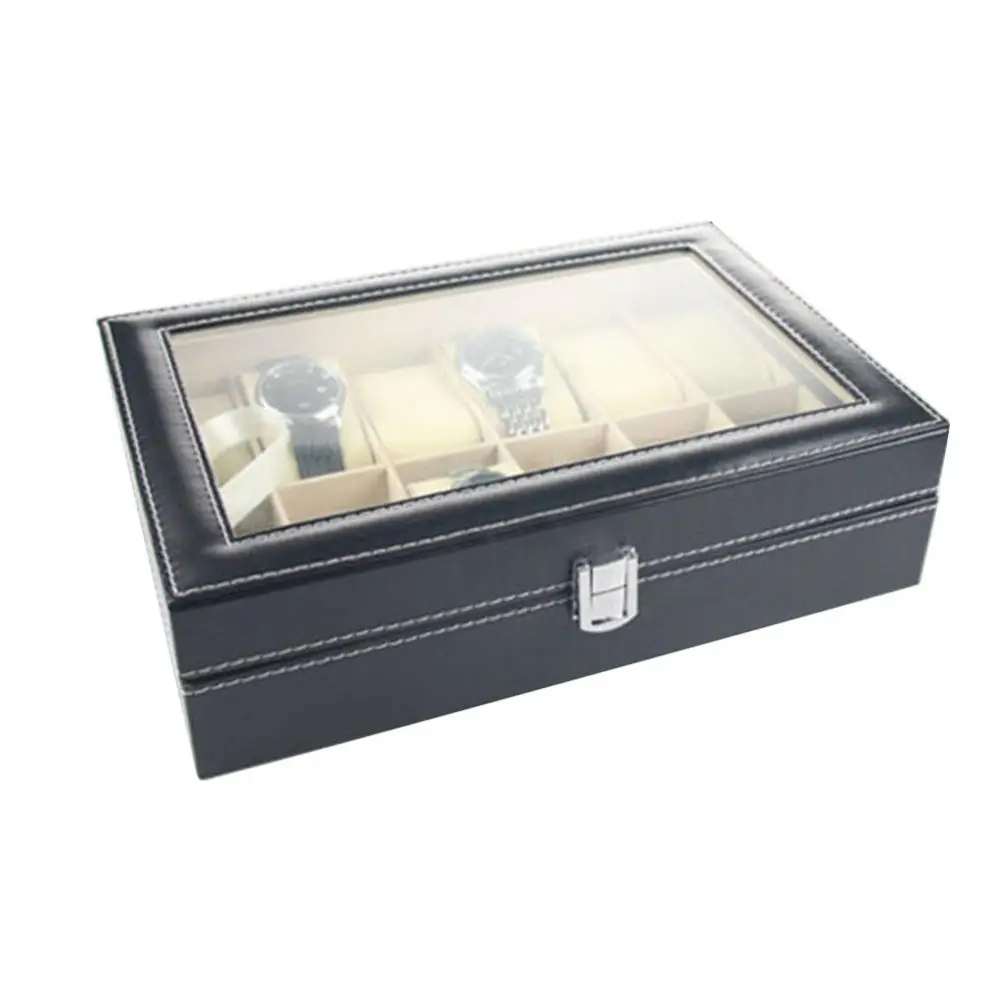 12 Slots Retro Faux Leather Watch Box Case Organizer Display for Men Women Brilliant Jewelry Box with Soft Leather Pillows