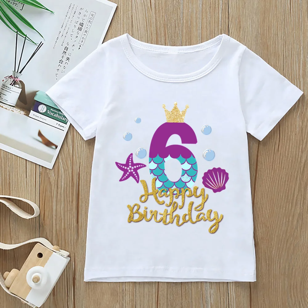 Cute Mermaid Graphic Print T-shirt Age 1-9 Birthday Girl Princess Tshirt Children'S Clothing Harajuku Kawaii Clothes Tops,YKP141