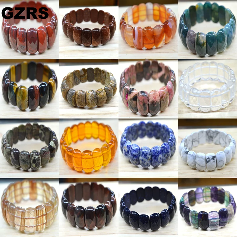 Natural 15x20 MM Oval Shape Faceted Elastic Cord Stone Agate Crystal Obsidian Lapis Amethyst Bracelets Bangles Femme For Women