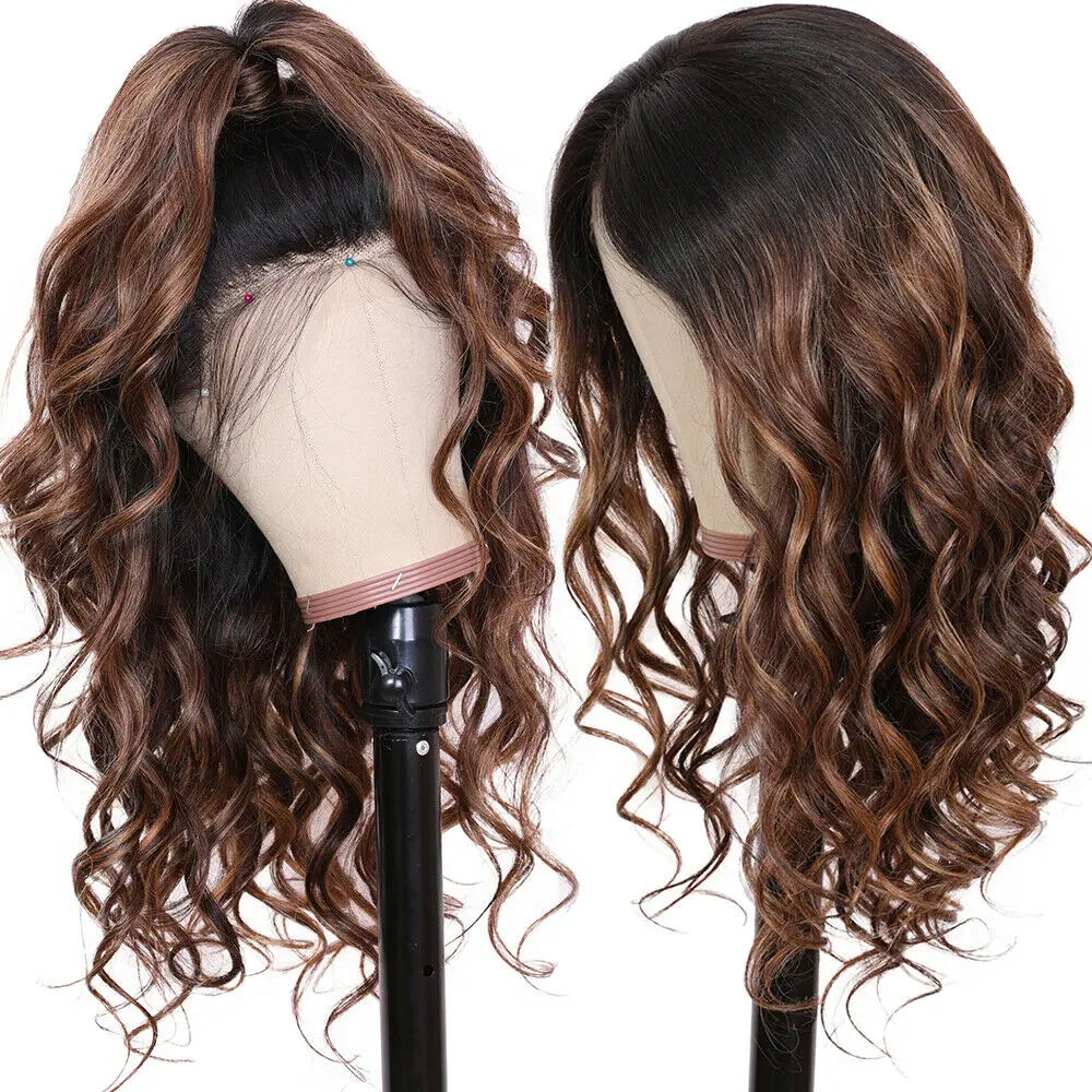 

13x4 HD Lace Front Wig Ombre Brown Peruvian Remy Human Hair Wig Body Wave 28" Long Wavy Lace Wig with Baby Hair Two Tone Color