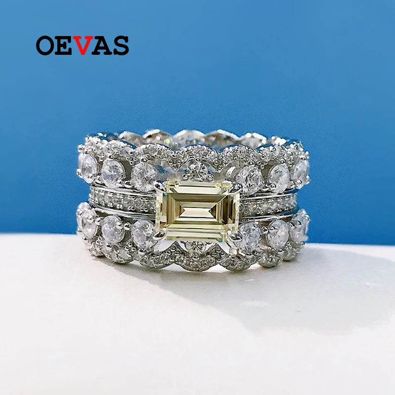 OEVAS 100% 925 Sterling Silver Yellow High Carbon Diamond Rings For Women Sparkling Wedding Party Fine Jewelry Wholesale Gift