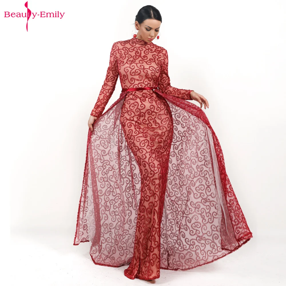 

Beauty-Emily High O Neck Sequins Appliques Evening Dresses Long Sleeves Muslim Party Dress Winter Shine Crystal robe de soiree