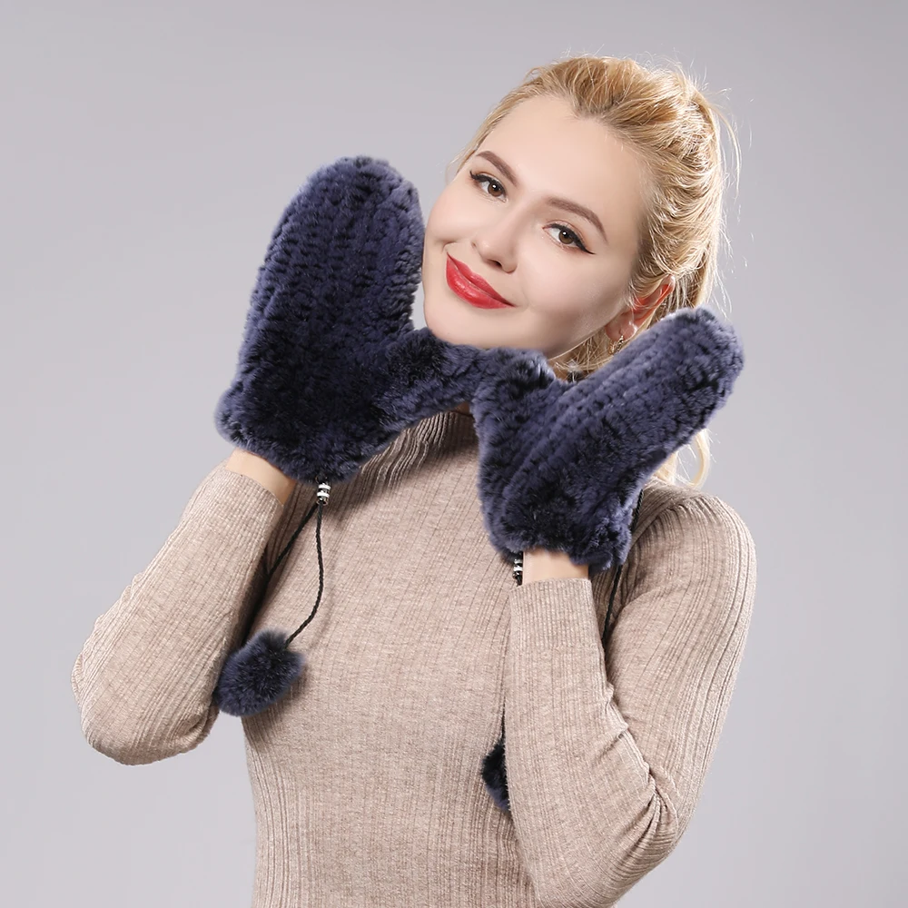 Women\'s Winter Warm Real Rex Rabbit Fur Gloves Good Elastic Ladies Fur Mittens Girls Outdoor Warm Natural Rex Rabbit Fur Mittens