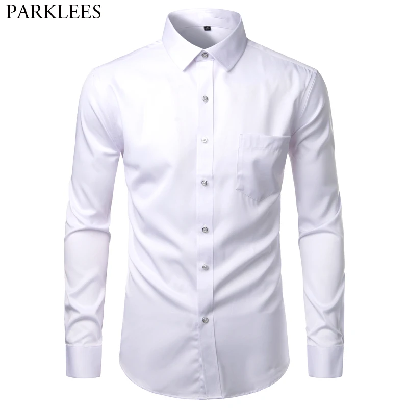 Camisa masculina de fibra de bambu branca, camisa casual slim fit sem rugas, camisa elástica de trabalho para casamento, cuidado fácil, não é de