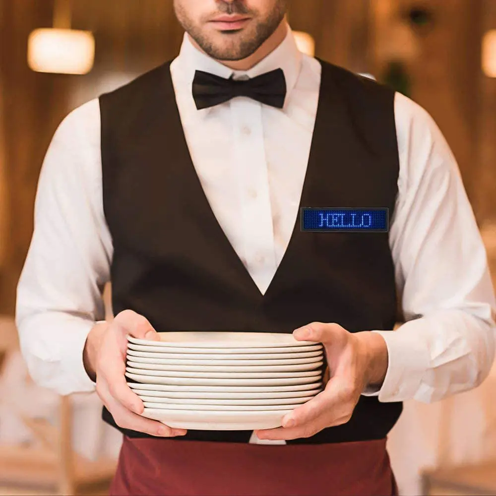 LED Name Tag LED Name Badge Rechargeable LED Business Card Sign with 44x11 Pixel USB Programming Digital Display for  Hotel-Blue