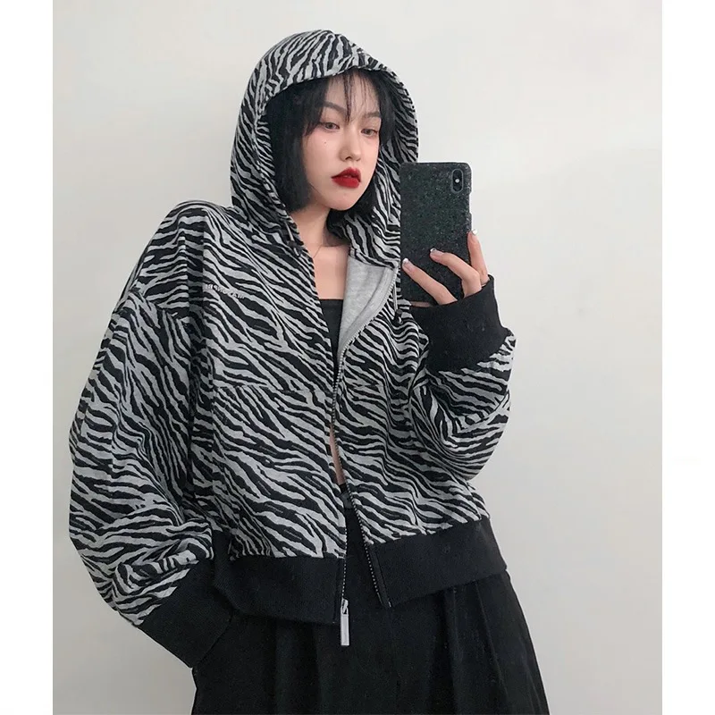 Hoodie Women\'s Spring And Autumn Thin Loose Korean Style Zebra Print Long Sleeve Jacket Lazy Cardigan Sweatshirt