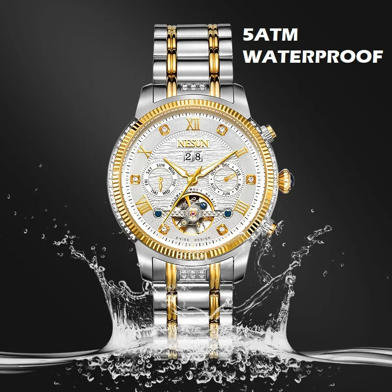 New Luxury Brand Switzerland NESUN Automatic Mechanical Men\'s Watches Skeleton Sapphire Waterproof Diamond Multi-function N9310