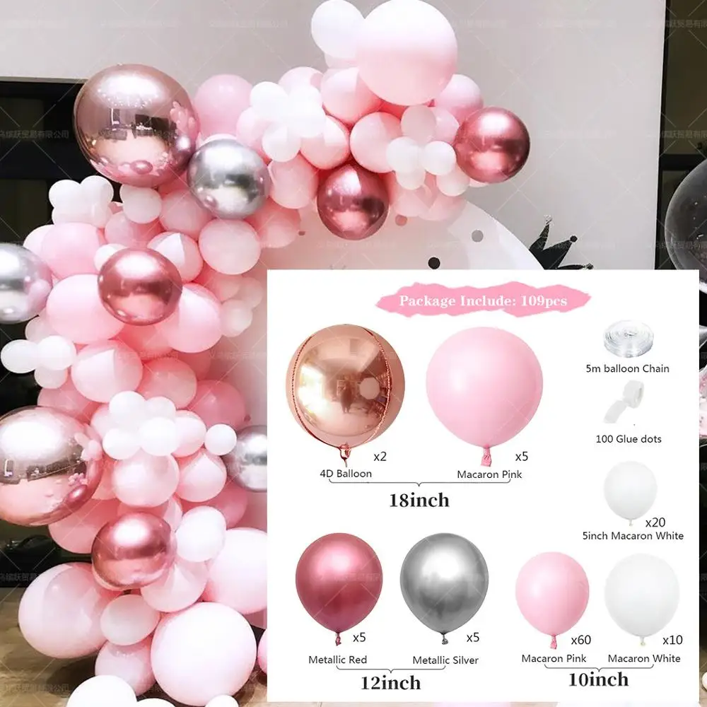 109pcs/set Pink White Balloon Garland Arch Kit for Baby Shower Girl Birthday Party Wedding Bridal Shower Bachelorette Decoration