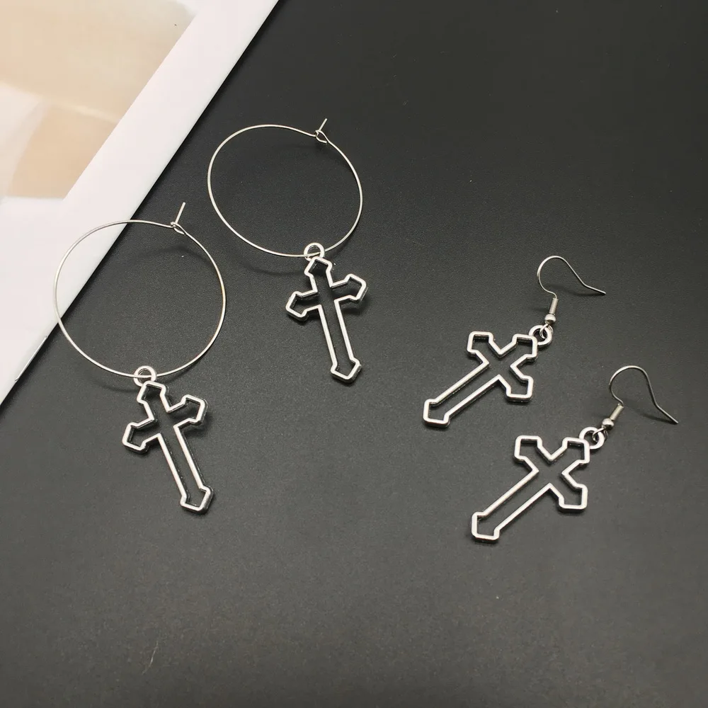 2020 Hot Fashion Handmade Simple Cool Punk Vintage Silver Color Cross Charms Drop Earrings Jewelry best Gift For Women girls