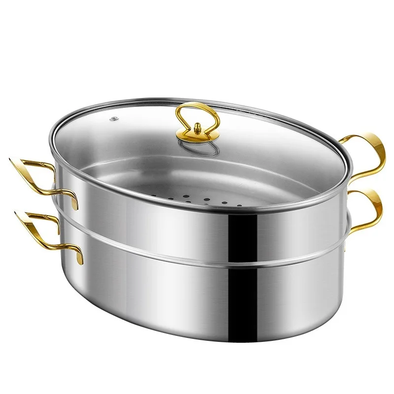 Stainless Steel Fish Steamer - Multi-Use Oval Roasting Cookware & Hotpot with Rack, Ceramic Pan, Chuck - Pasta Pot/Stockpot