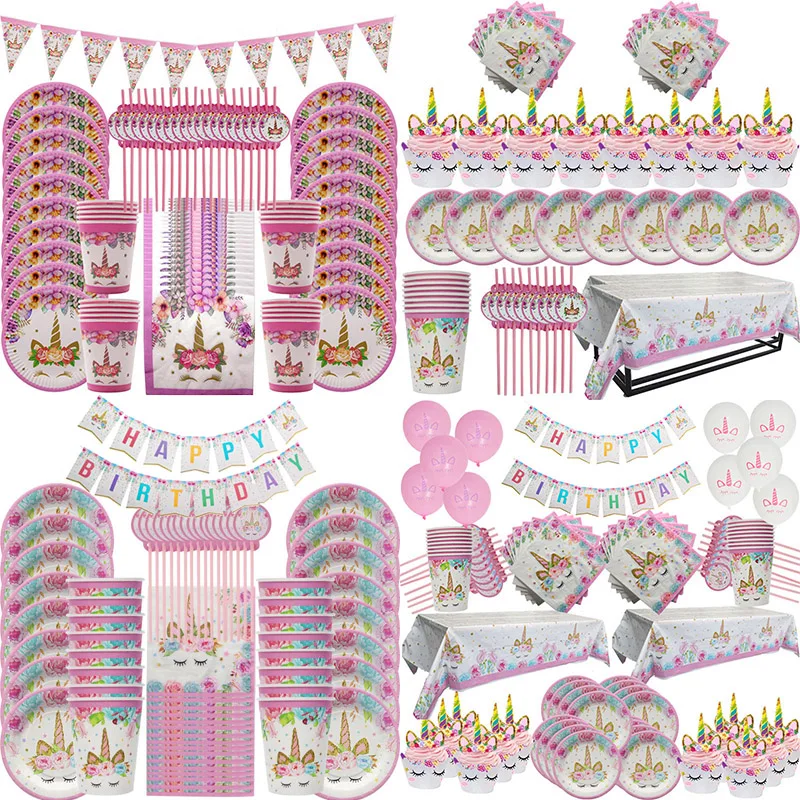 Louça descartável ajustada com projeto do unicórnio, decoração para a festa de aniversário, placas, copo, bandeira, chá de bebê