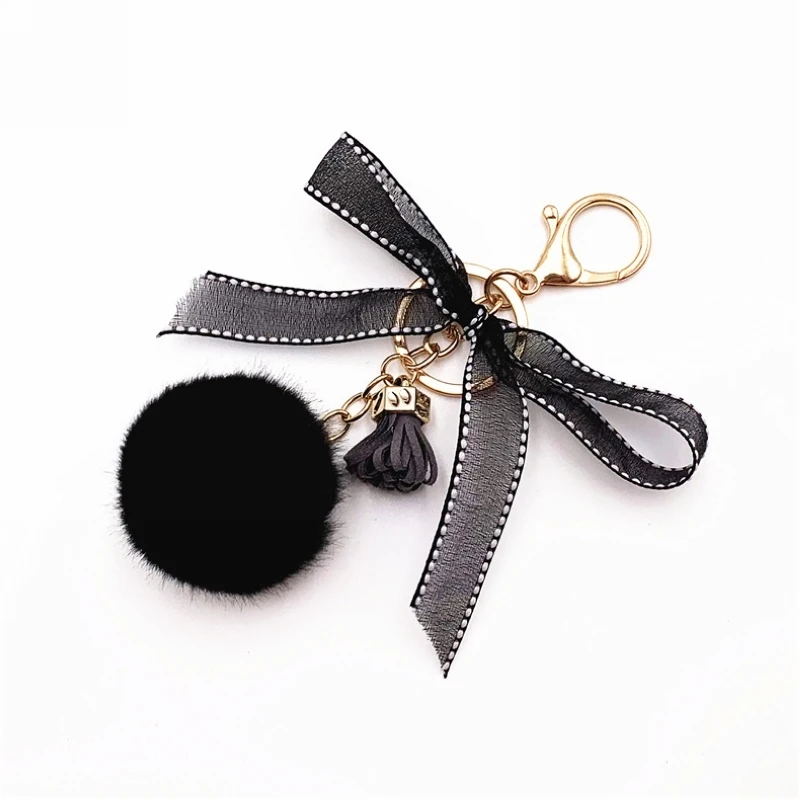 Cute Lace Bow-knot Fur Ball Tassel Keychain Creative Candy Color Soft Car Women Trinket Bag Key Ring Jewelry Gift