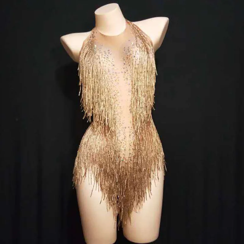 

Women's Birthday Party Evening Costume Gold Tassel Rhinestones Spandex Bodysuit Stage Outfit Nightclub Dance Show Wear