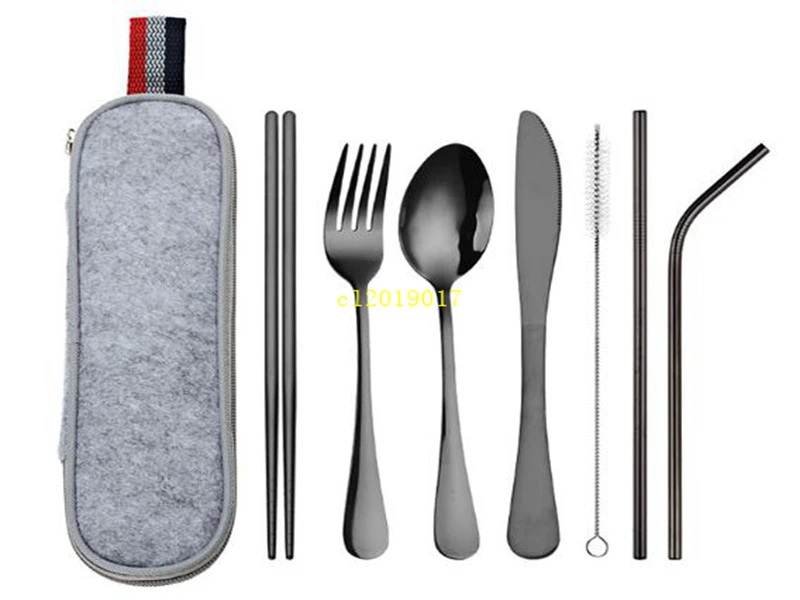 

stainless steel 8-piece set of knife, fork, spoon, straw, chopsticks, travel bag, outdoor tableware set