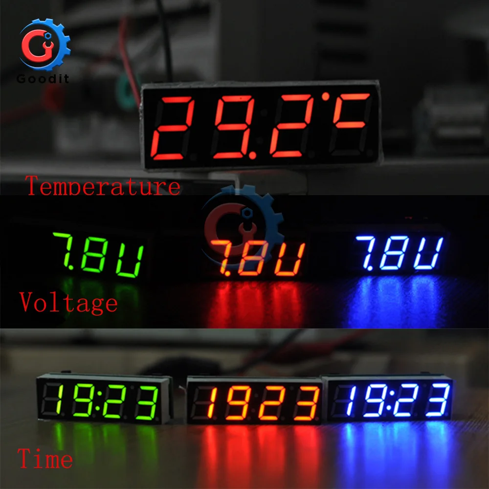 3 In 1 LED Digital Tube Clock Temperature Voltage Module Time Thermometer Voltmeter Time Meter Board DC 5V-30V Green DS3231SN