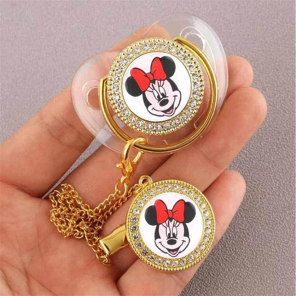 Mickey Mouse Printed Gold Rose Bling Dummy Pacifier Clip Baby Teething Lollipops Rhinestone Cute Baby Newborn Shower Gift Babes