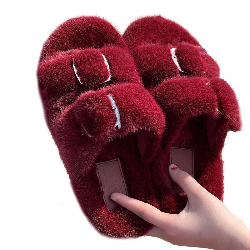 Slippers Ladies Summer Fluffy Mink Fur Slippers 100% Mink Fur Slippers Ladies Sandals 2021 Home Slippers Girls Outdoor Slippers