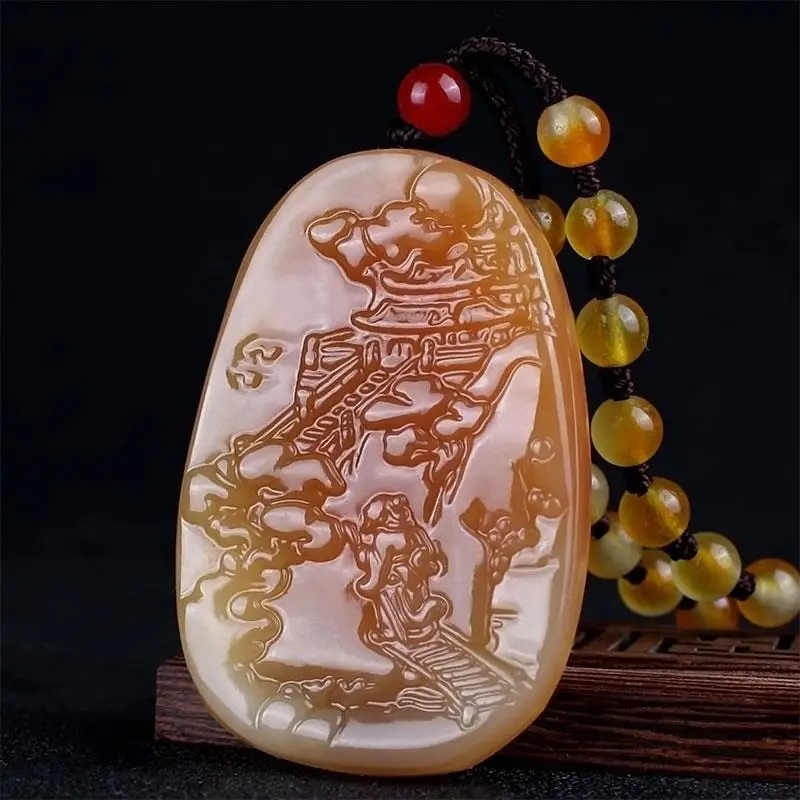 China Sheung Shui Landscape Natural Yellow Dragon Jade Carved Pendant Exquisite Noble Jewelry Quality Accessories Gifts