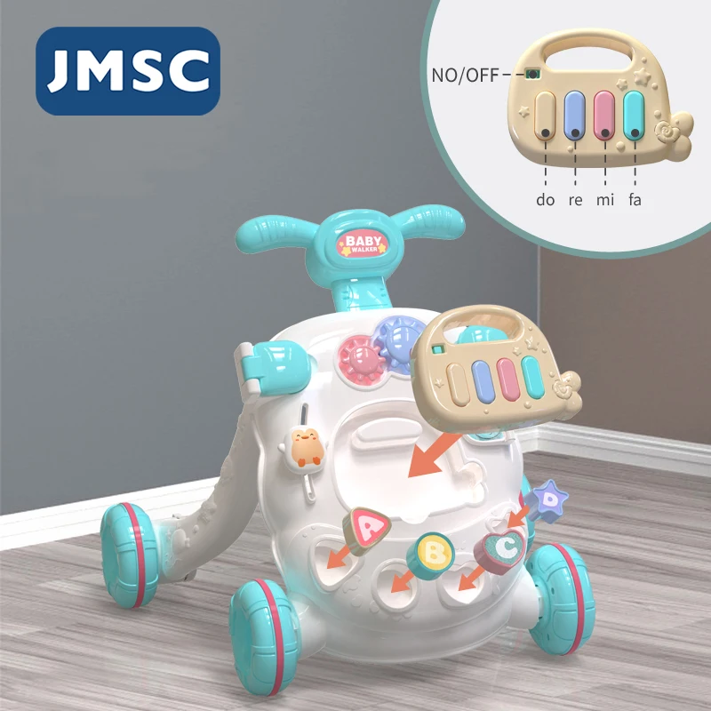 JMSC Baby Walker Multifunction Stand-to-Sit Toddler Four Wheels Trolley Kids Learning Walking Game Table Music Toys Trolley