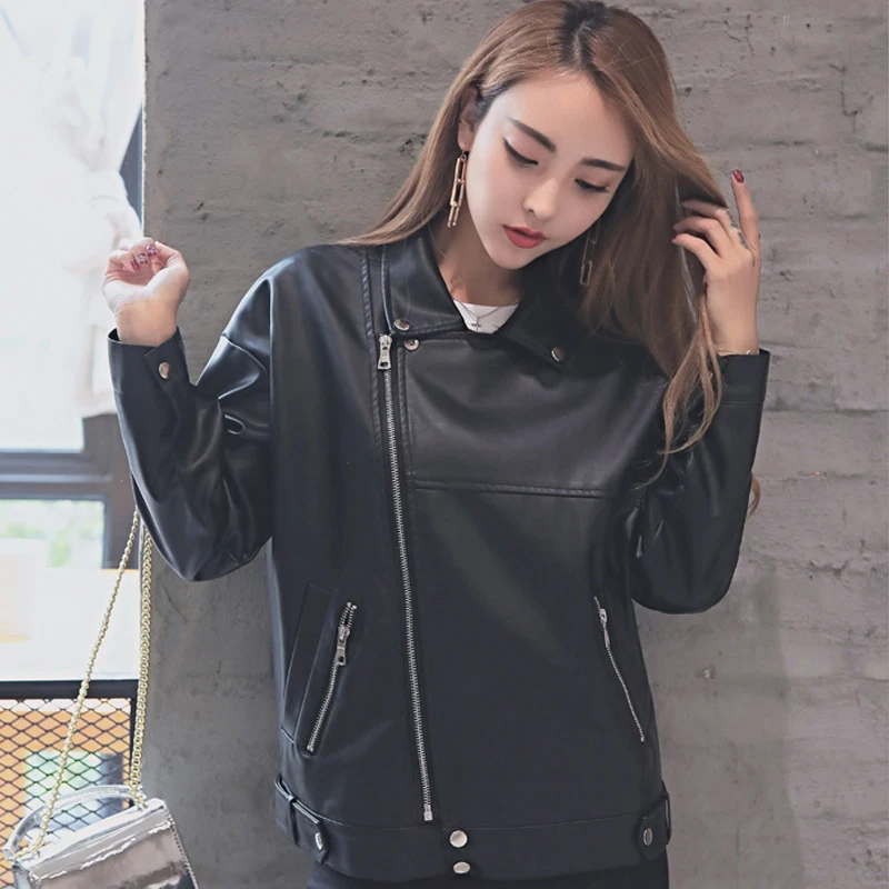 

Spring Autumn Women Moto Biker Zipper Jacket Casual Turn Down Collar Ladies Pu Leather Coats Short Faux Leather Jackets for Lady