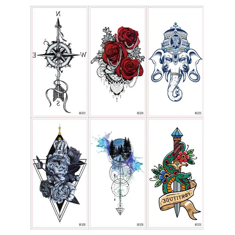 Waterproof Temporary Tattoo Sticker Compass Arrow Tattoos India Elephant Body Art Arm Fake Sleeve Tatoo Women Men