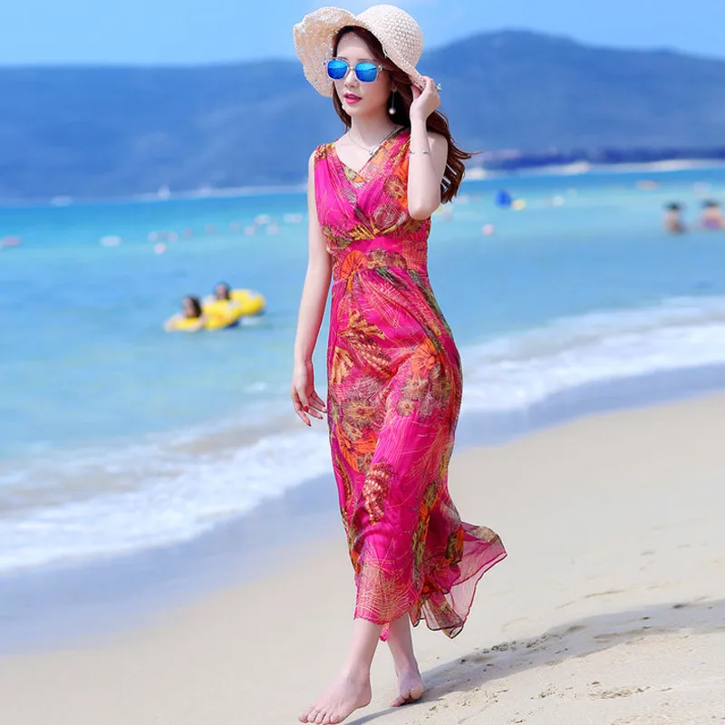 Vestido ชีฟอง Bohemian Beach De Festa Elegant ฤดูร้อนชุดผู้หญิงพิมพ์ดอกไม้เดรสสีแดงหญิง FYY612