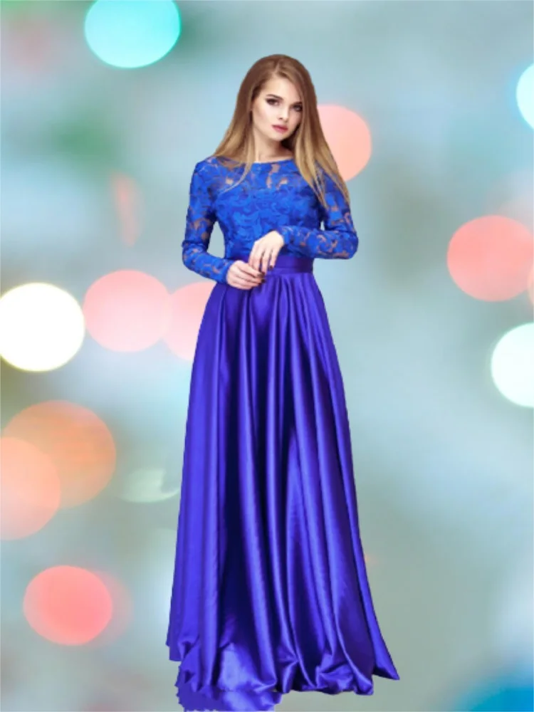 Lace Blue Evening Dress Special Occasion Woman Prom Gown Maxi Sexy Long Sleeve A Line Formal Dresses