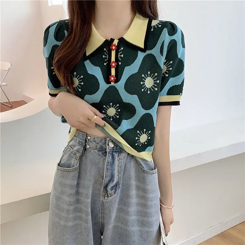 T-shirts Women Summer Vintage Panelled Floral Lovely Knitted Ladies Fashion Puff Sleeve Baggy Crop Tops Cute Flower Buttons Cozy