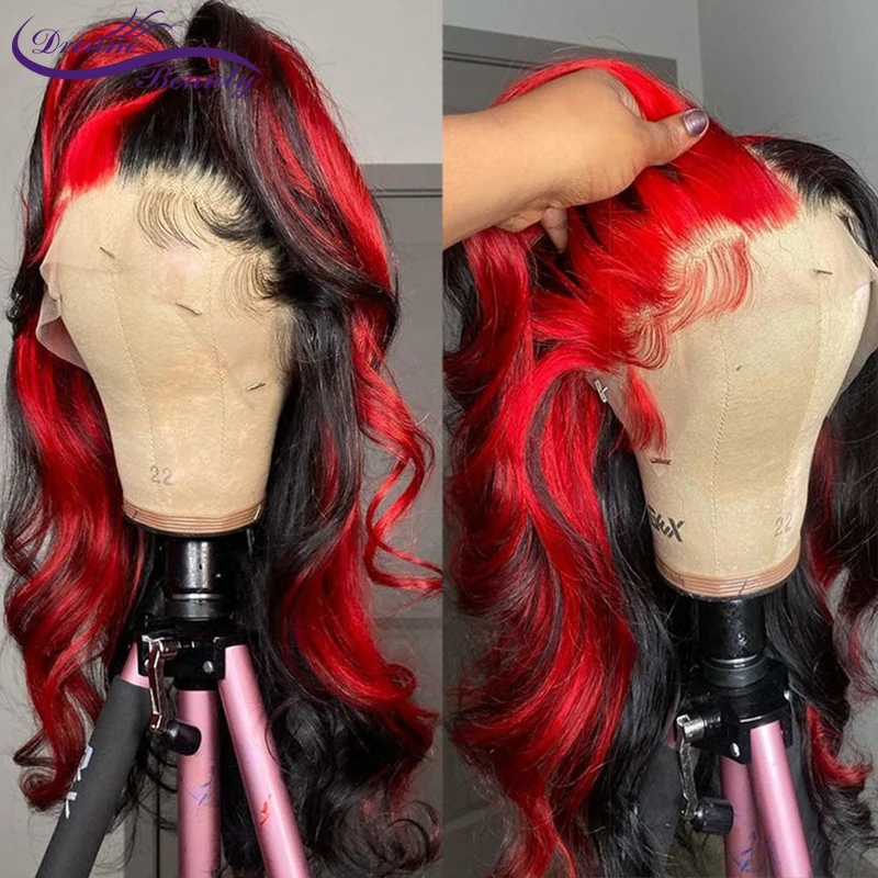 Perruque Lace Frontal wig naturelle brésilienne Remy, cheveux ondulés à reflets rouges, 4x4, 13x4, 180% de densité