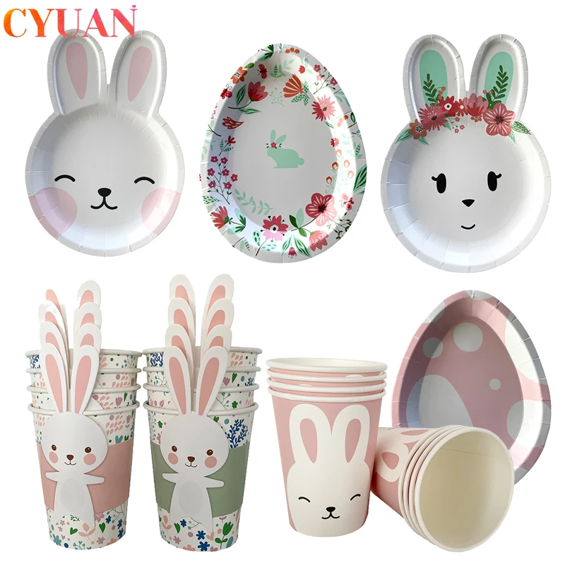 Easter Bunny Eggs Paper Plates Rabbit Cups Disposable Birthday Party Tableware Happy Easter Party Supplies Kids Baby Shower Deco