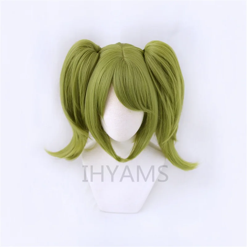 Game Danganronpa Cosplay Monaka Monaca Towa Wig Dangan Ronpa Green Clip Ponytails Heat Resistant Hair + Bear Headwear + Wig  Cap