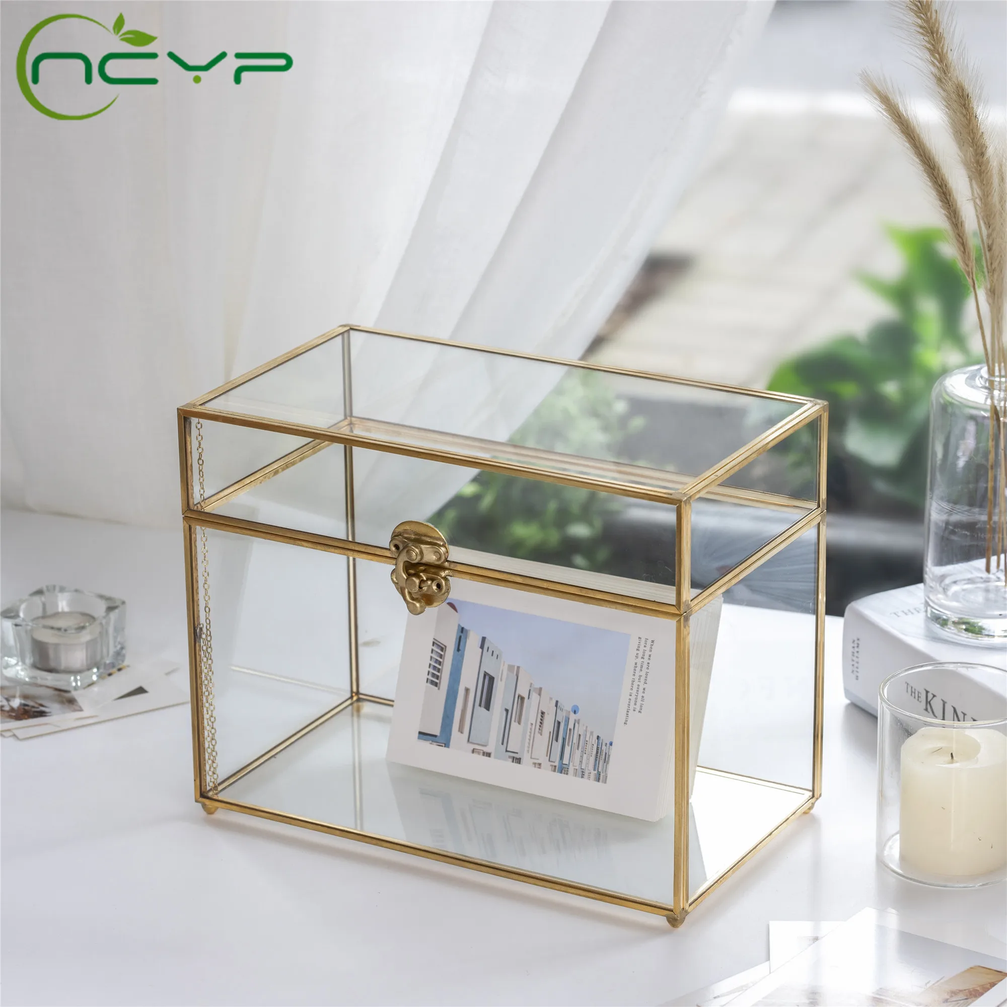 NCYP Gold Rectangle Wedding Glass Card Box Gift Organizer Terrarium Containers Celebration Home Party Wedding Card Box