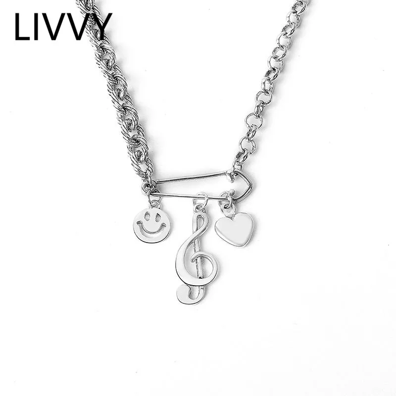 

LIVVY New Fashion Thai Silver Color Chain Love-Heart Musical-Note Smile Face Necklace Korean Style Necklace Ladies Jewelry