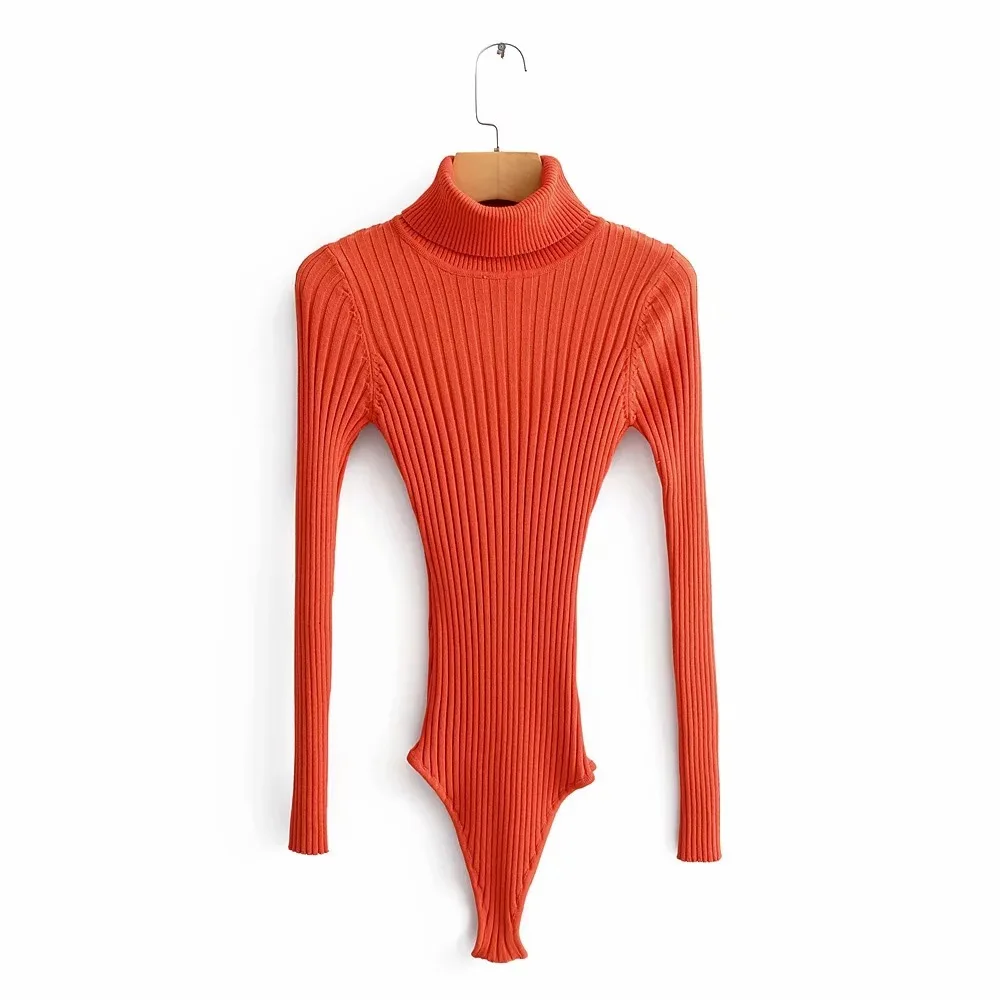 Women Knitted Solid Turtleneck Long Sleeve Black Grey Orange Blue Bodysuit Top Jumpsuit