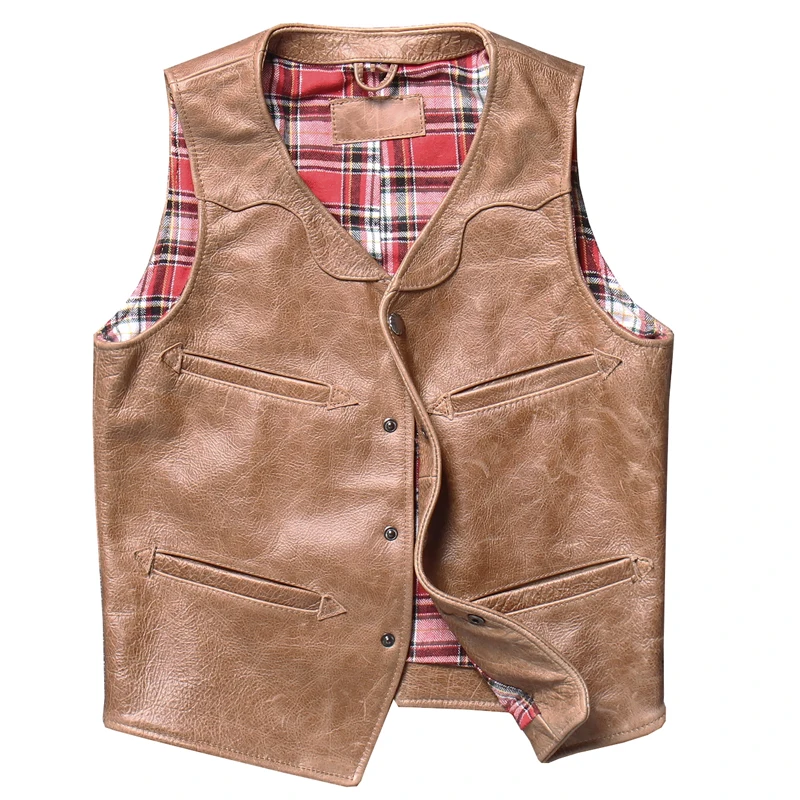 

Cowhide Vest Coats For Men Casual Fashion Sleeveless Waistcoat Jacket Motorcycle Plus Size 4XL Vest Multi Pocket Leather Vests