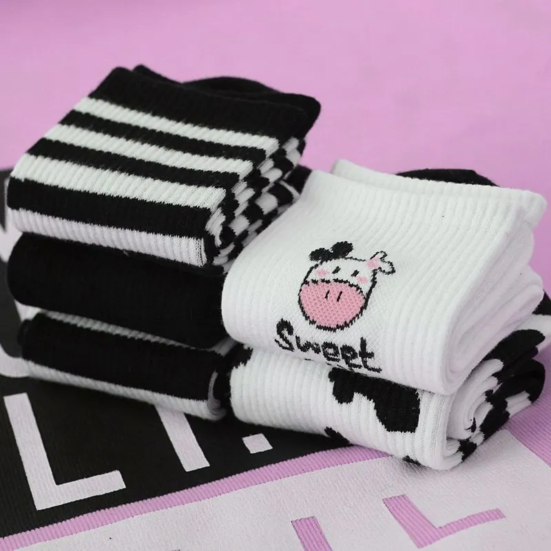 New Arrivals Cow Printed Sock Lovely Harajuku Japanese Style Cotton Women Socks Striped Solid Breathable Casual Cartoon Socks