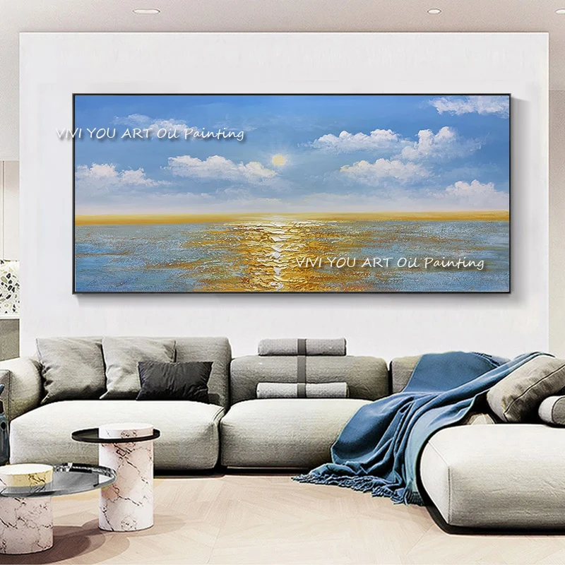 Shimmering Sea Wall Accent, Palette‑Knife Sunset Ocean Reflection, Hand‑Made Textured Seaside Art For Bright Contemporary Home