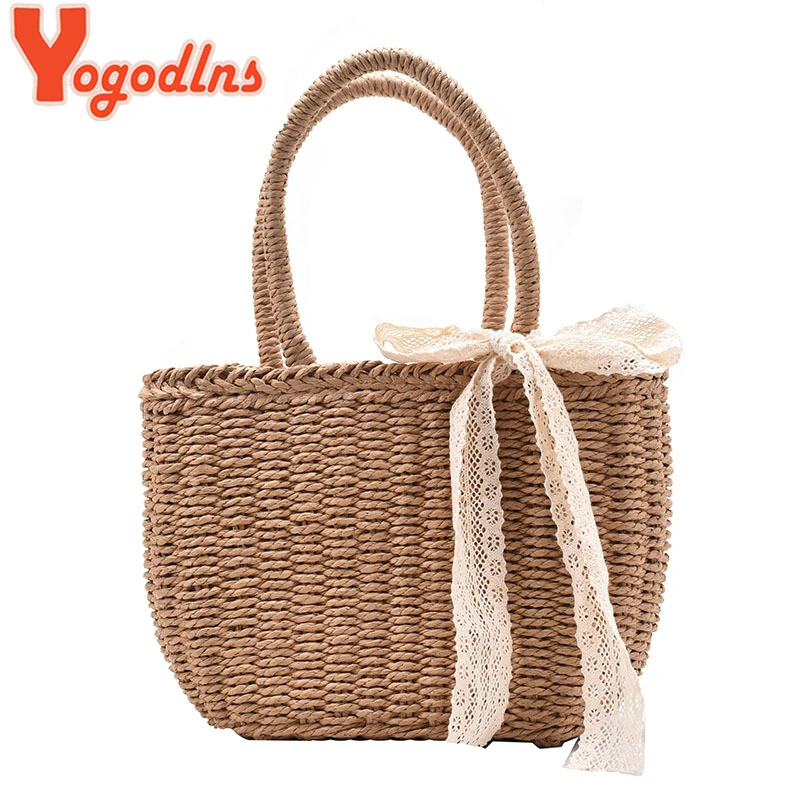 Yogodlns Hot Summer Lace Straw Bag Women Fashion Rattan Handle Bag Handmade Weave Handbag Vacation Lady Beach Bag Casual Pouch