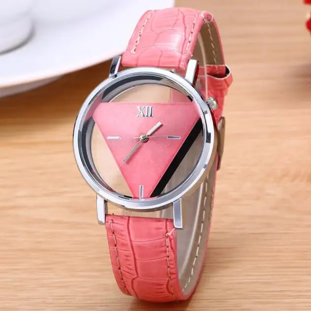 Montres triangulaires transparentes pour femmes, montre-bracelet à quartz évidée, bracelet en cuir décontracté, mode