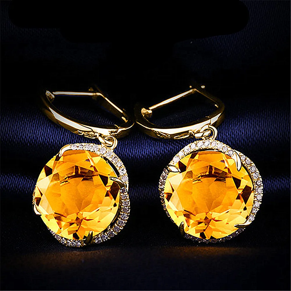 Fashion flower yellow crystal citrine gemstones diamond drop earrings for women 18k gold color jewelry brincos accessories gifts