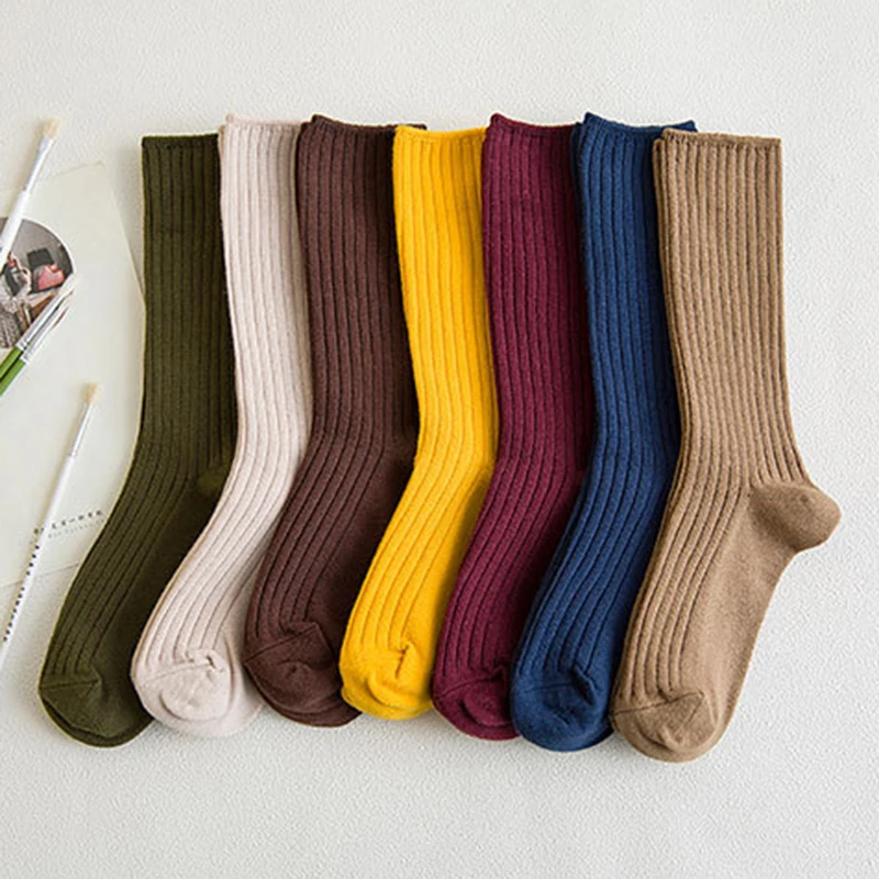 1 Pair Retro Women Cotton Loose Socks Autumn Winter Knitting Solid Color Long Student Girls