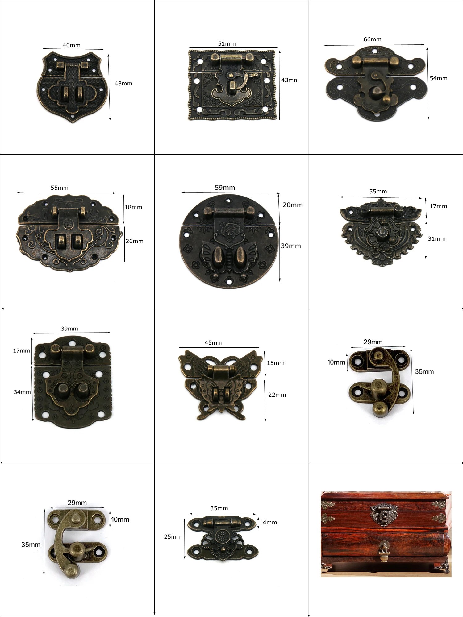 1set Antique Bronze Latch Hook Hasp Wood Jewelry Box Latch Hook Clasp Cases Chests Latch Lock with Screws