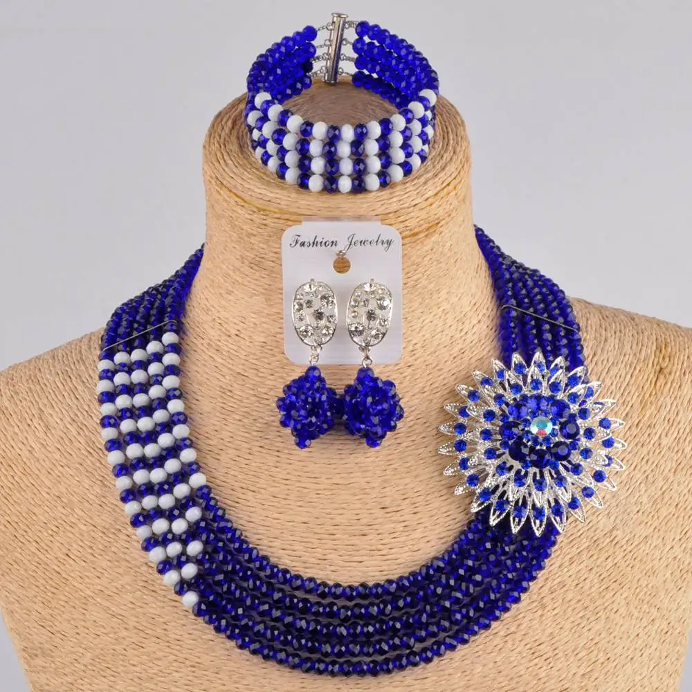 Fashion Crystal Beaded Necklace Jewelry Set ladies Wedding Royal Blue  African Beads Nigerian Jewelry Wedding Accessories FF-12