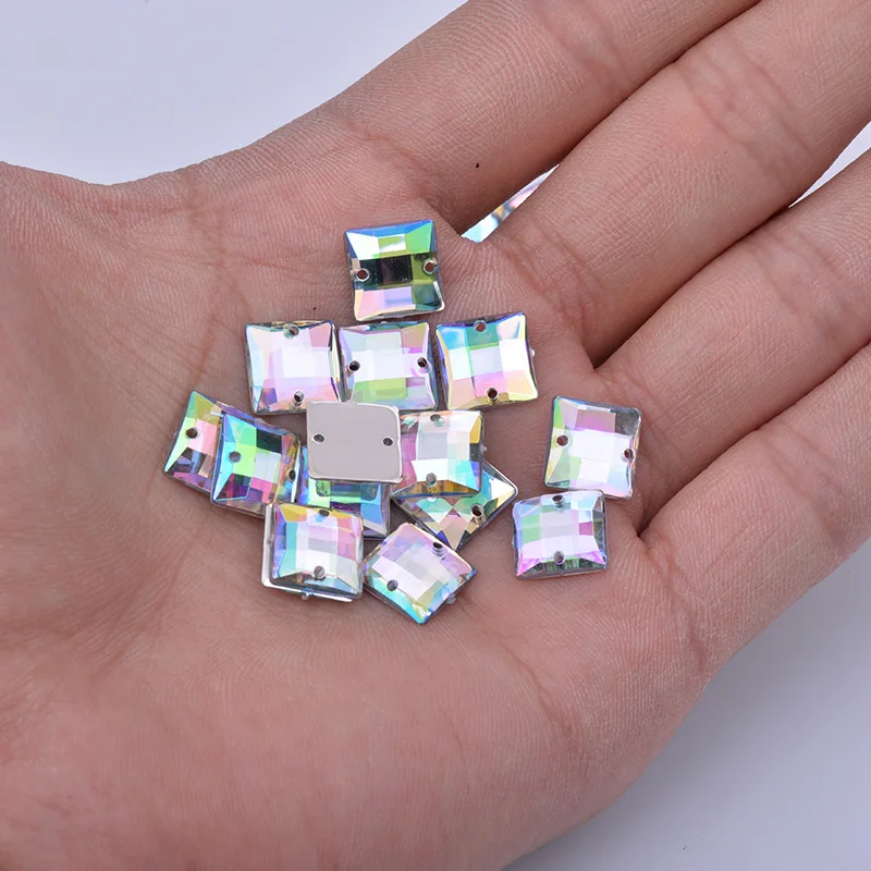 JUNAO 8mm 10mm Sewing AB Crystal Square Rhinestone Flatback Acrylic Crystal Applique Sew On Stones For Dress Needlework Crafts