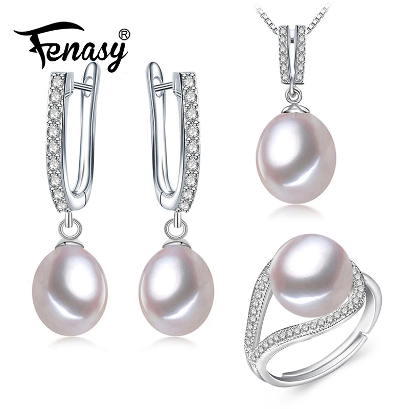 

FENASY Wedding Jewelry Sets Fashion Natural Freshwater Pearl Pendant Necklaces Women Drop Earrings Elegant Silver Color Ring Set