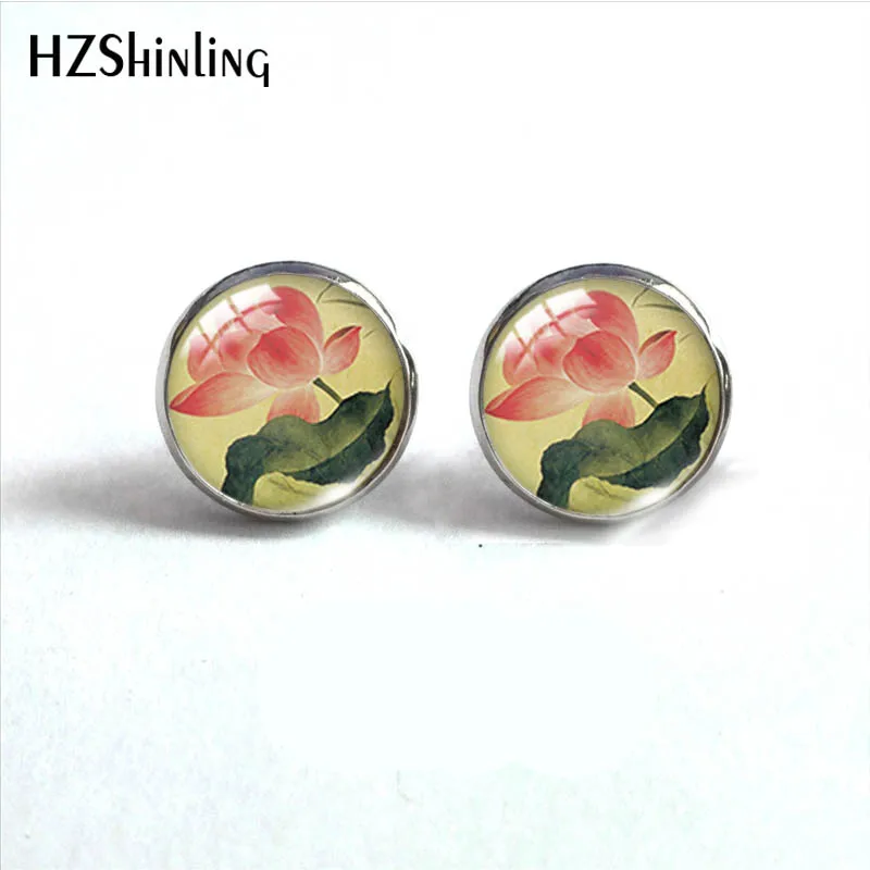 Waterlilies lotus Flower Pattern Glass Stud Earrings Glass Cabochon Ear Fashion Jewelry