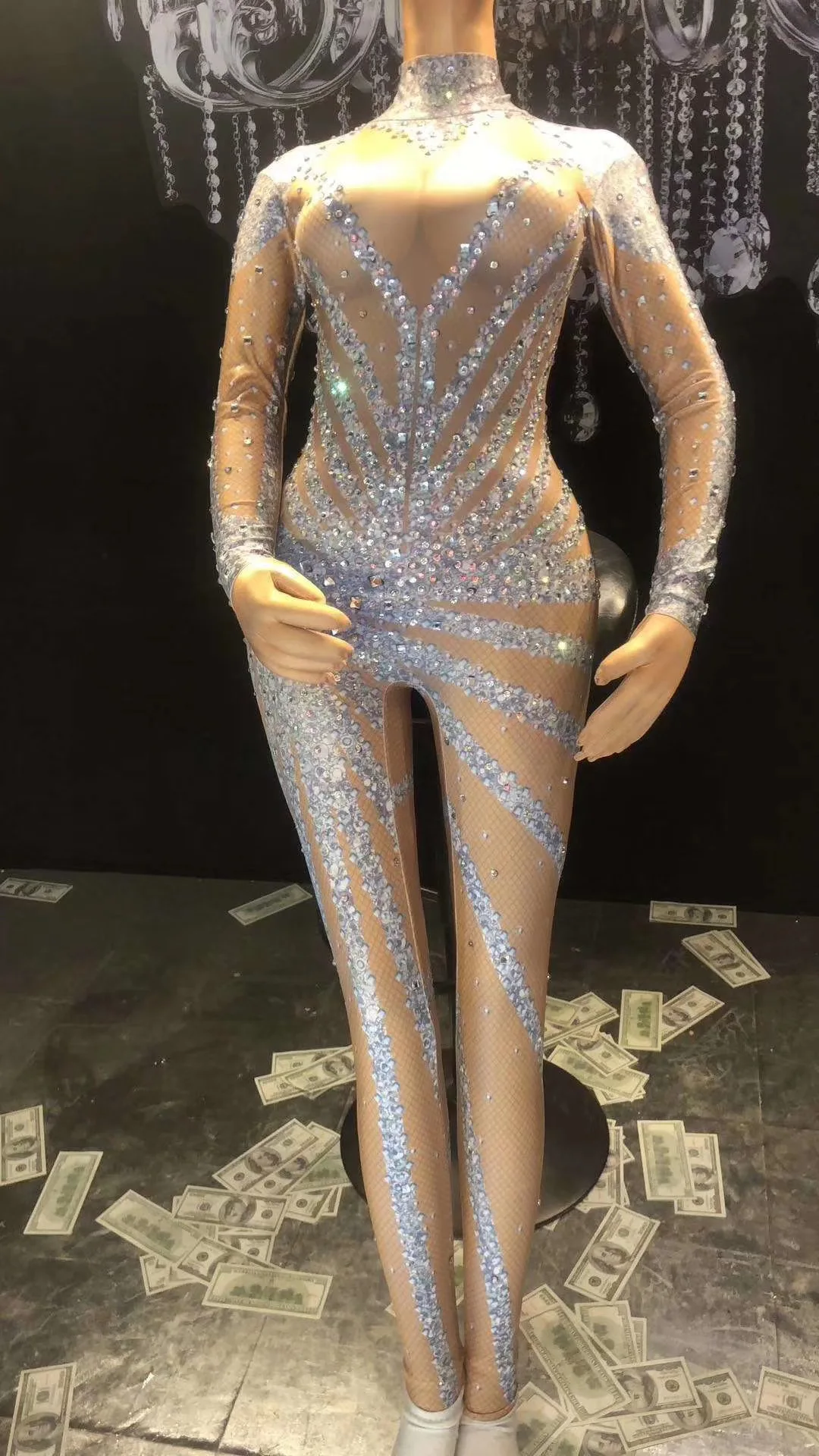 Sparkly Shining Vrouwen Strass Jumpsuits Zilver Strakke Elastische Turnpakje Paaldansen Drag Queen Kostuums Zanger Tonen Stadium Slijtage