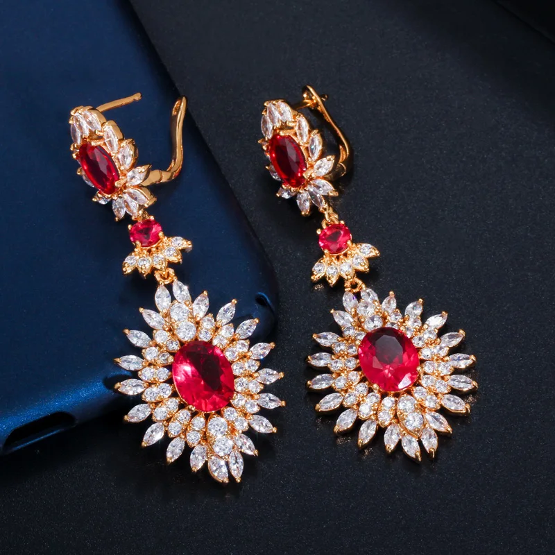 CWWZircons Yellow Gold Color Indian Red CZ Crystal Vintage Ethnic Bridal Long Big Wedding Earrings Jewelry for Women CZ301